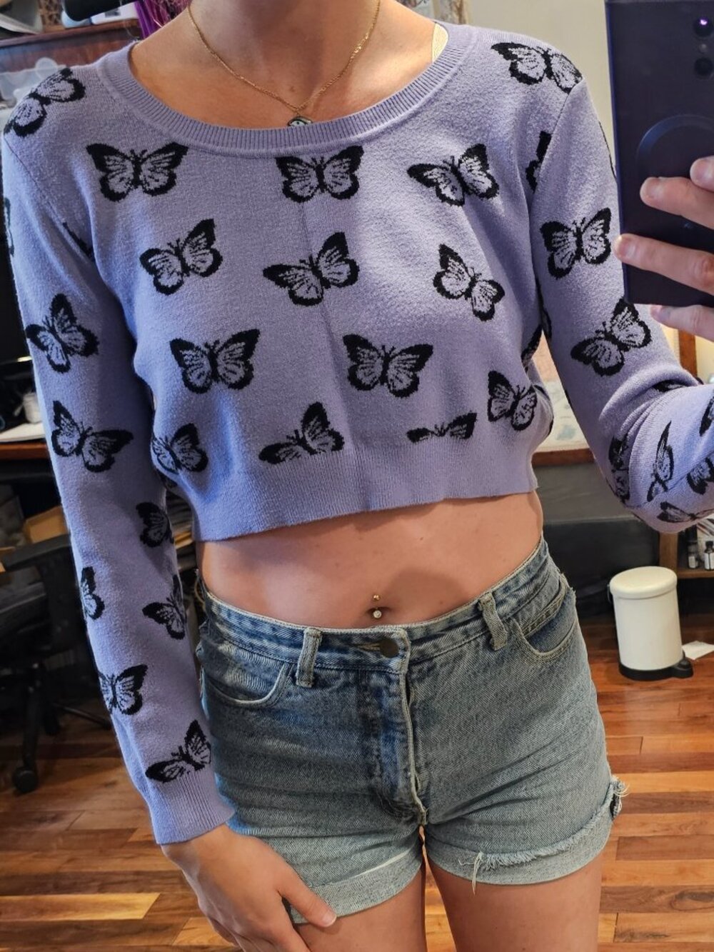 Butterfly Print Purple Cropped Sweater